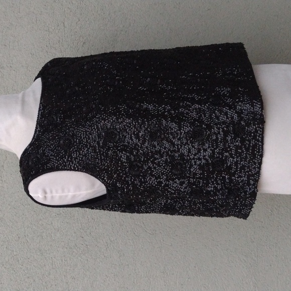Vintage Tops - 60s Black Sequin and Beaded Wool Sleeveless Top L